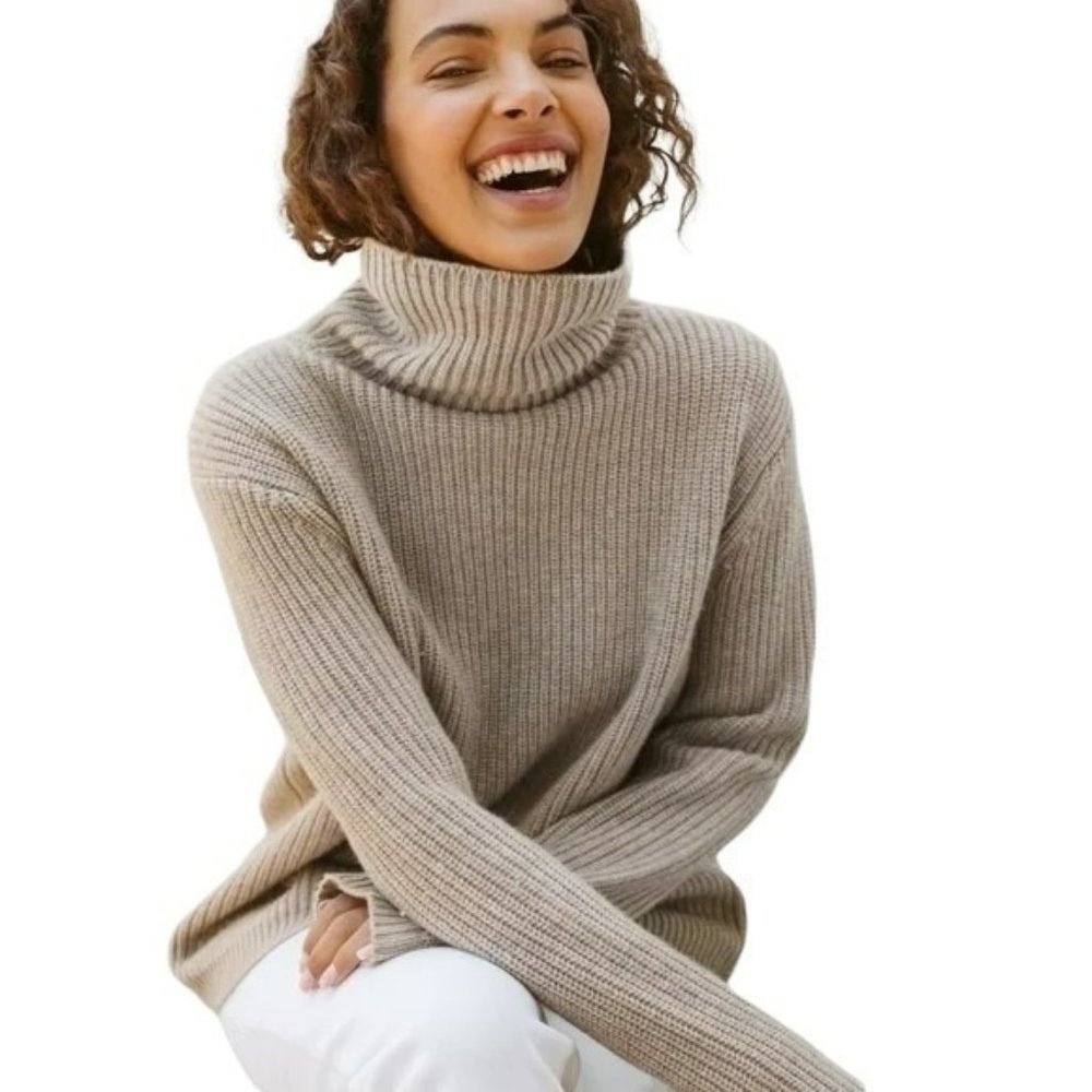 Jenni Kayne Chunky Knit Beige Turtleneck Cashmere Pullover Sweater Size Small